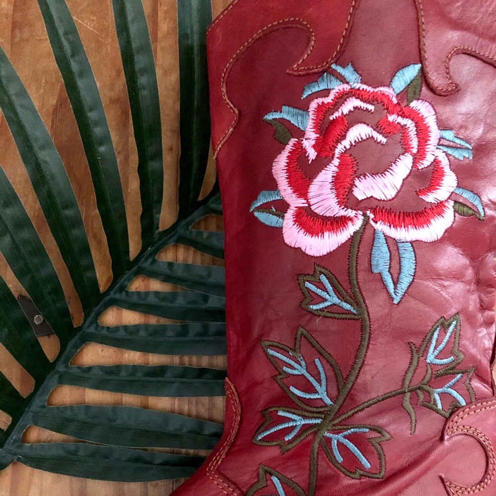 Red Cowboy Boots w/ Embroidered Roses - Picture 2 of 4
